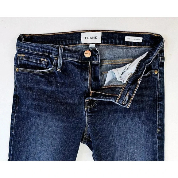 Frame Size 28X29 Women's Le Skinny De Jeanne Blue Denim Embroidered Logo Jeans - Picture 11 of 13